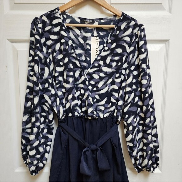 Bloomchic Jumpsuit Women 2X Navy White Surplice Neck Wide Leg Tie Waist Flowy - Picture 3 of 11